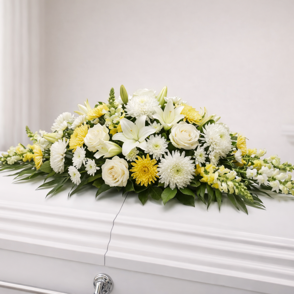 Traditional Casket Flowers | White & Gold Remembrance